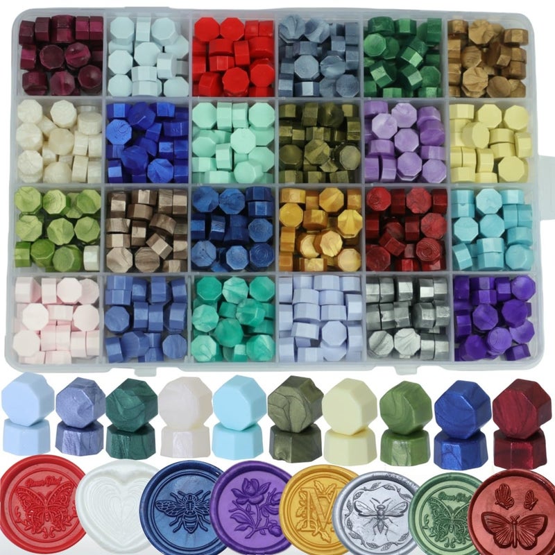 Atopbb 600 Pcs Assorted Sealing Wax Beads for Seal Stamp, 24 Colors Wax Seal Kit, White Gold Red Green Multicolor Pellets Bulk for Wedding Invitation Envelope DIY Christmas Card (Assorted Color) - Image 1